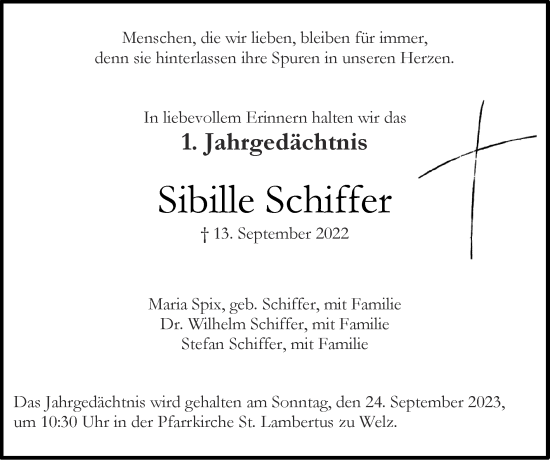 Traueranzeige von Sibille Schiffer von Zeitung am Sonntag