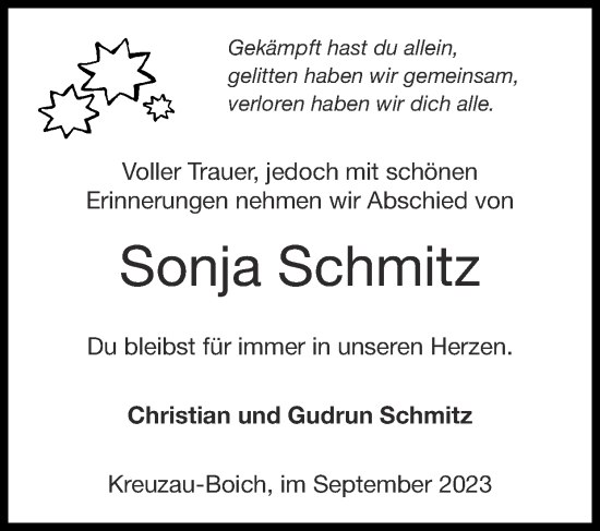 Traueranzeige von Sonja Schmitz von Zeitung am Sonntag