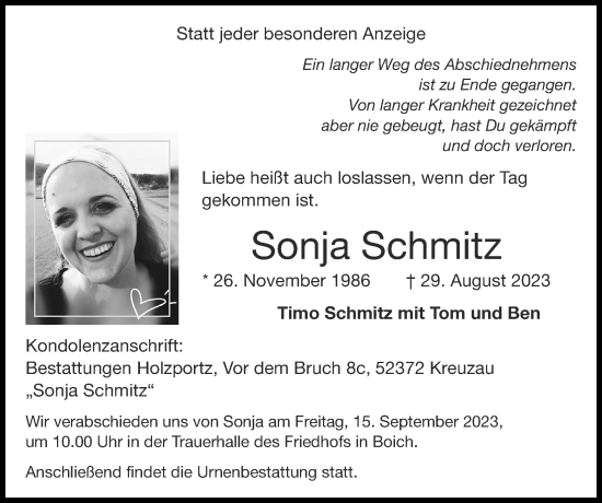Traueranzeige von Sonja Schmitz von Zeitung am Sonntag