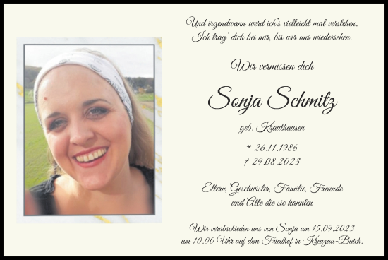 Traueranzeige von Sonja Schmitz von Zeitung am Sonntag