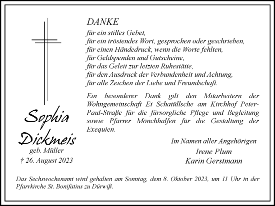 Traueranzeige von Sophia Dickmeis von Zeitung am Sonntag