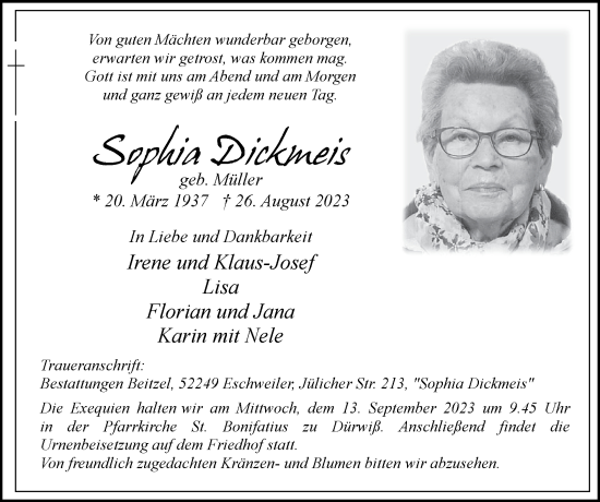 Traueranzeige von Sophia Dickmeis von Zeitung am Sonntag