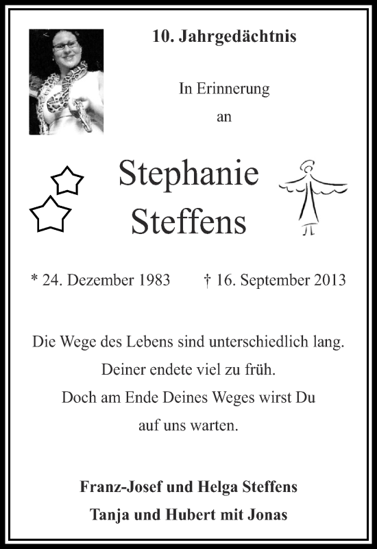 Traueranzeige von Stephanie Steffens von Zeitung am Sonntag