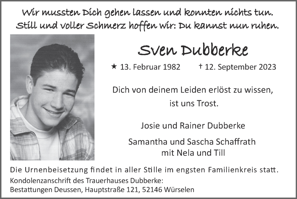  Traueranzeige für Sven Dubberke vom 24.09.2023 aus Zeitung am Sonntag