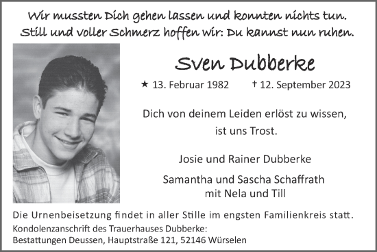 Traueranzeige von Sven Dubberke von Zeitung am Sonntag