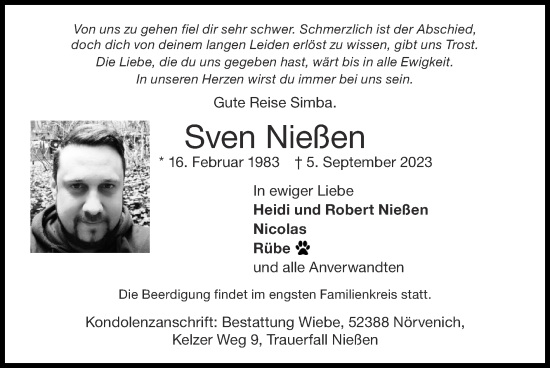 Traueranzeige von Sven Nießen von Zeitung am Sonntag