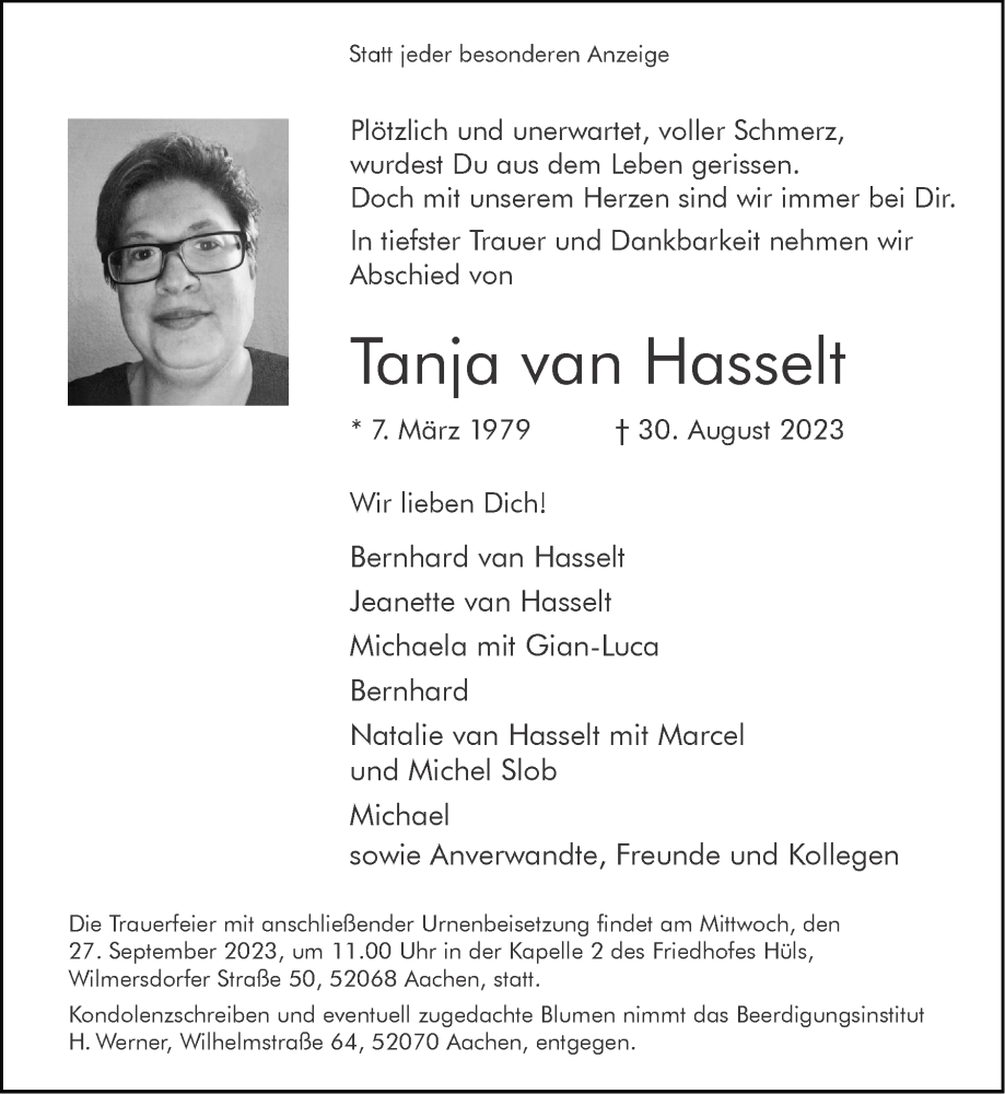  Traueranzeige für Tanja van Hasselt vom 24.09.2023 aus Zeitung am Sonntag