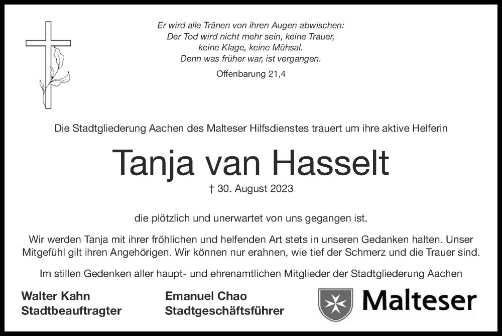  Traueranzeige für Tanja van Hasselt vom 24.09.2023 aus Zeitung am Sonntag