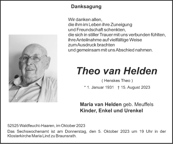 Traueranzeige von Theo van Helden von Zeitung am Sonntag