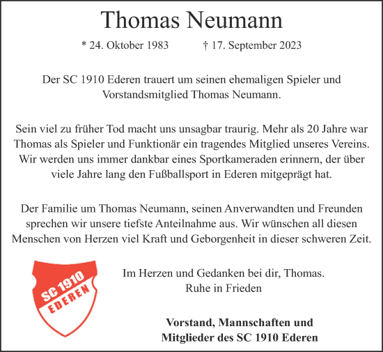 Traueranzeige von Thomas Neumann von Zeitung am Sonntag