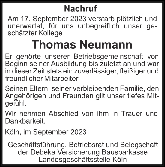 Traueranzeige von Thomas Neumann von Zeitung am Sonntag