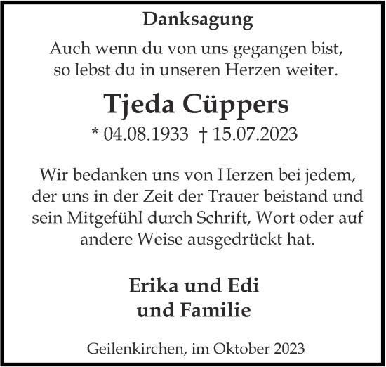 Traueranzeige von Tjeda Cüppers von Zeitung am Sonntag