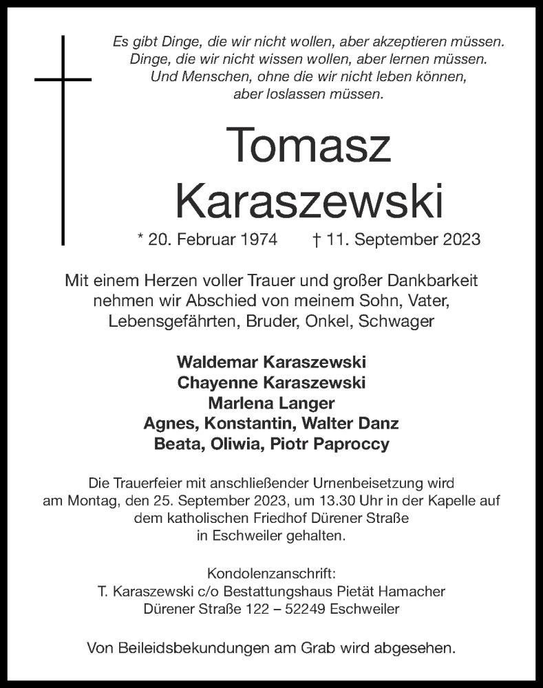  Traueranzeige für Tomasz Karaszewski vom 24.09.2023 aus Zeitung am Sonntag