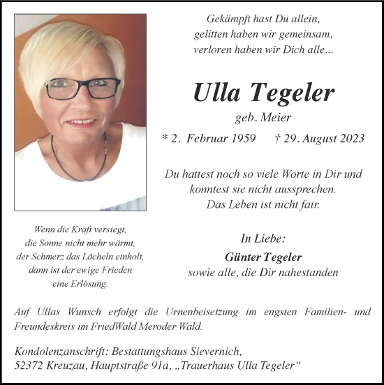 Traueranzeige von Ulla Tegeler von Zeitung am Sonntag