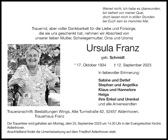 Traueranzeige von Ursula Franz von Zeitung am Sonntag