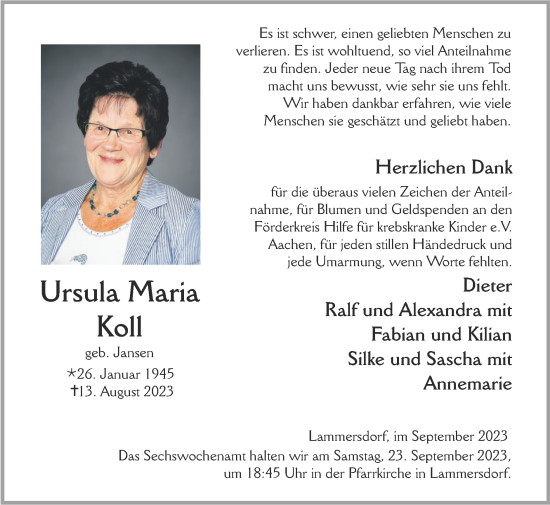 Traueranzeige von Ursula Maria Koll von Zeitung am Sonntag