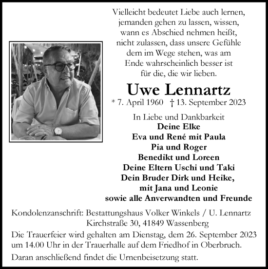 Traueranzeige von Uwe Lennartz von Zeitung am Sonntag