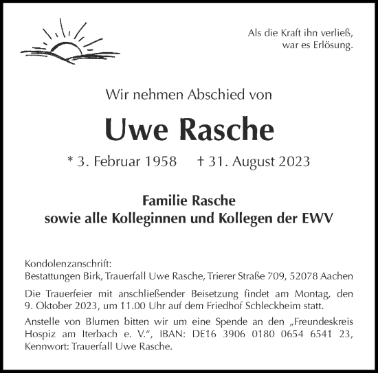 Traueranzeige von Uwe Rasche von Aachener Zeitung
