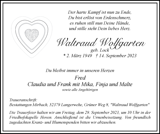 Traueranzeige von Waltraud Wolfgarten von Zeitung am Sonntag