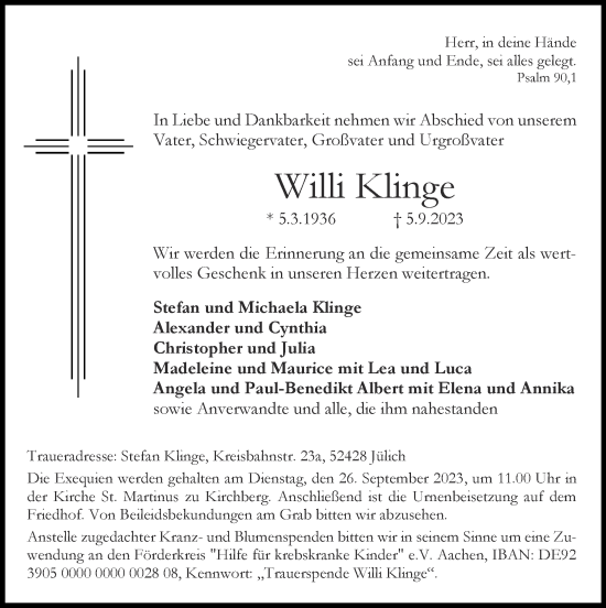 Traueranzeige von Willi Klinge von Zeitung am Sonntag