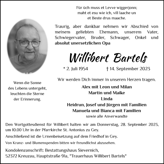 Traueranzeige von Willibert Bartels von Zeitung am Sonntag