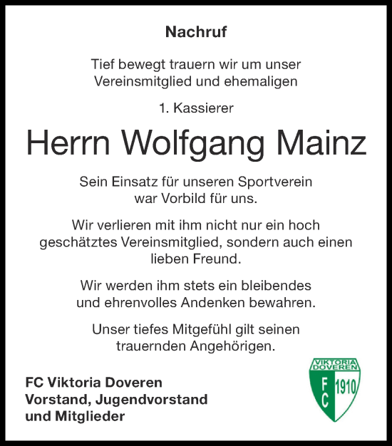 Traueranzeige von Wolfgang Mainz von Zeitung am Sonntag