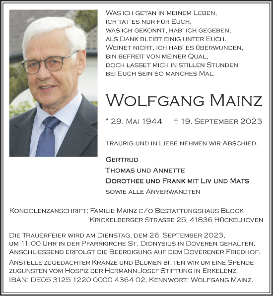 Traueranzeige von Wolfgang Mainz von Zeitung am Sonntag