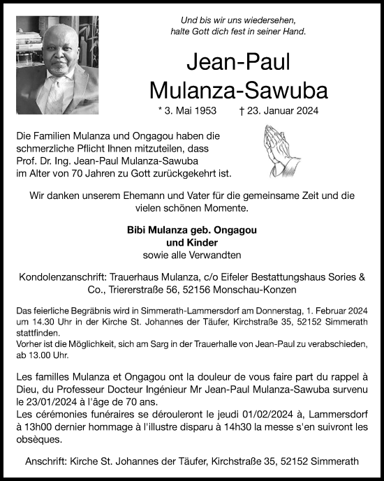 Traueranzeige von Jean-Paul Mulanza-Sawuba von Zeitung am Sonntag