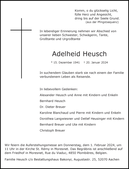 Traueranzeige von Adelheid Heusch von Aachener Zeitung