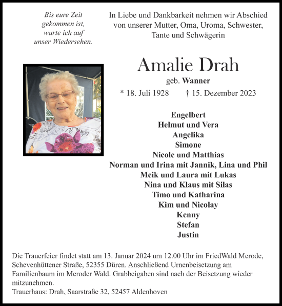 Traueranzeige von Amalie Drah von Zeitung am Sonntag