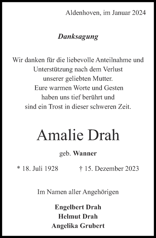 Traueranzeige von Amalie Drah von Zeitung am Sonntag
