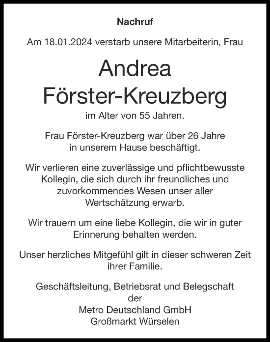 Traueranzeige von Andrea Förster-Kreuzberg von Zeitung am Sonntag