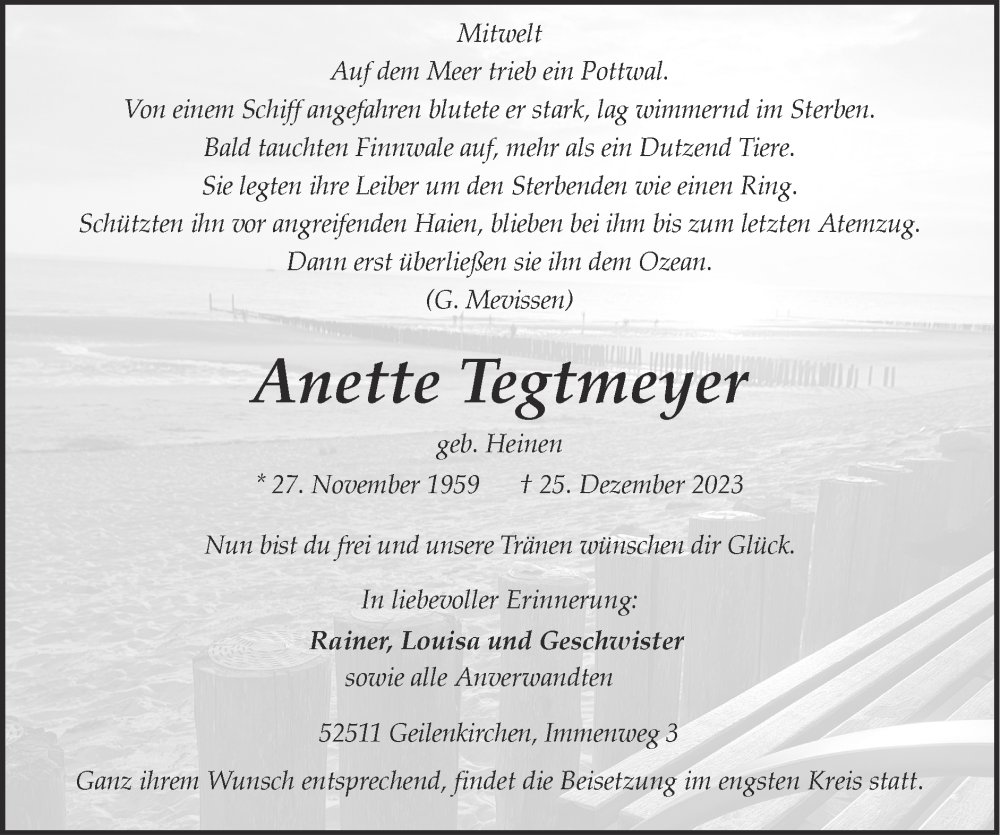  Traueranzeige für Anette Tegtmeyer vom 07.01.2024 aus Zeitung am Sonntag