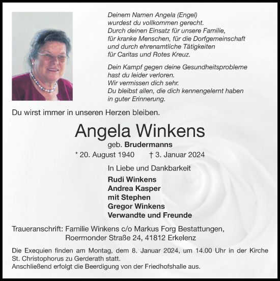 Traueranzeige von Angela Winkens von Zeitung am Sonntag