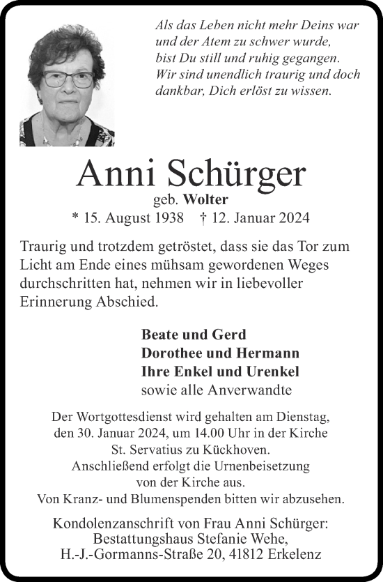 Traueranzeige von Anni Schürger von Zeitung am Sonntag