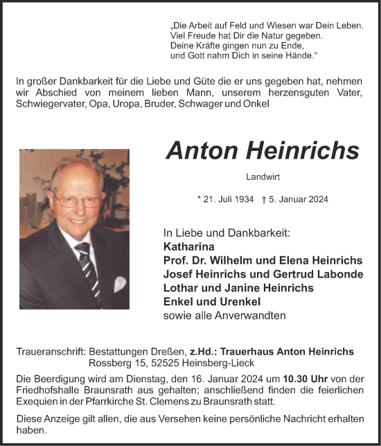 Traueranzeige von Anton Heinrichs von Zeitung am Sonntag