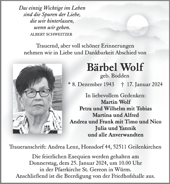 Traueranzeige von Bärbel Wolf von Zeitung am Sonntag
