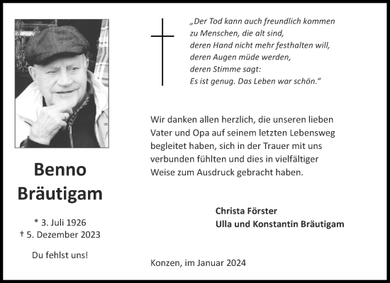 Traueranzeige von Benno Bräutigam von Aachener Zeitung