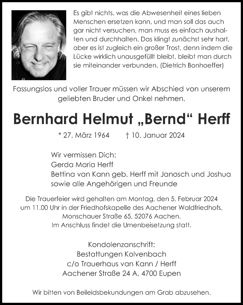  Traueranzeige für Bernhard Helmut Herff vom 28.01.2024 aus Zeitung am Sonntag