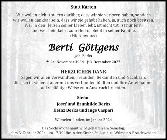 Traueranzeige von Berti Göttgens von Zeitung am Sonntag