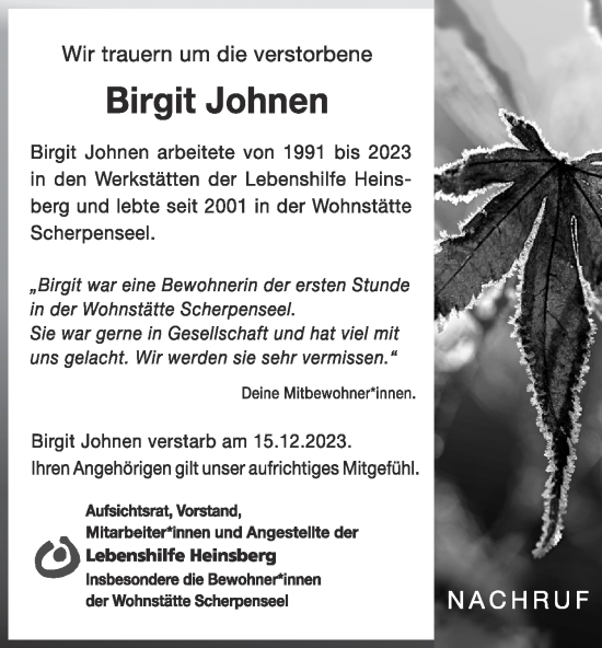 Traueranzeige von Birgit Johnen von Zeitung am Sonntag