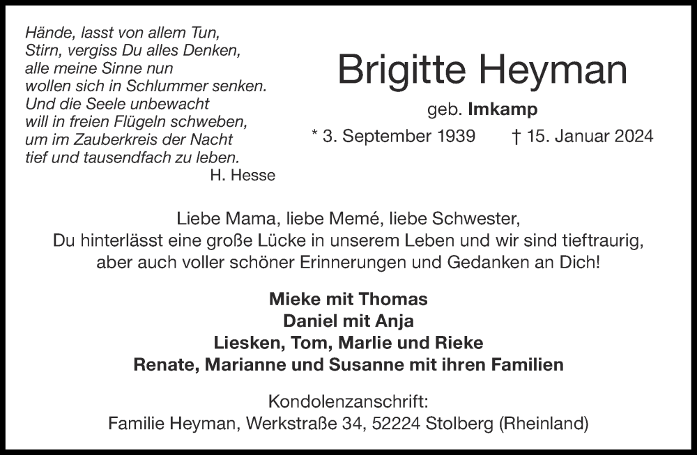  Traueranzeige für Brigitte Heyman vom 27.01.2024 aus Aachener Zeitung