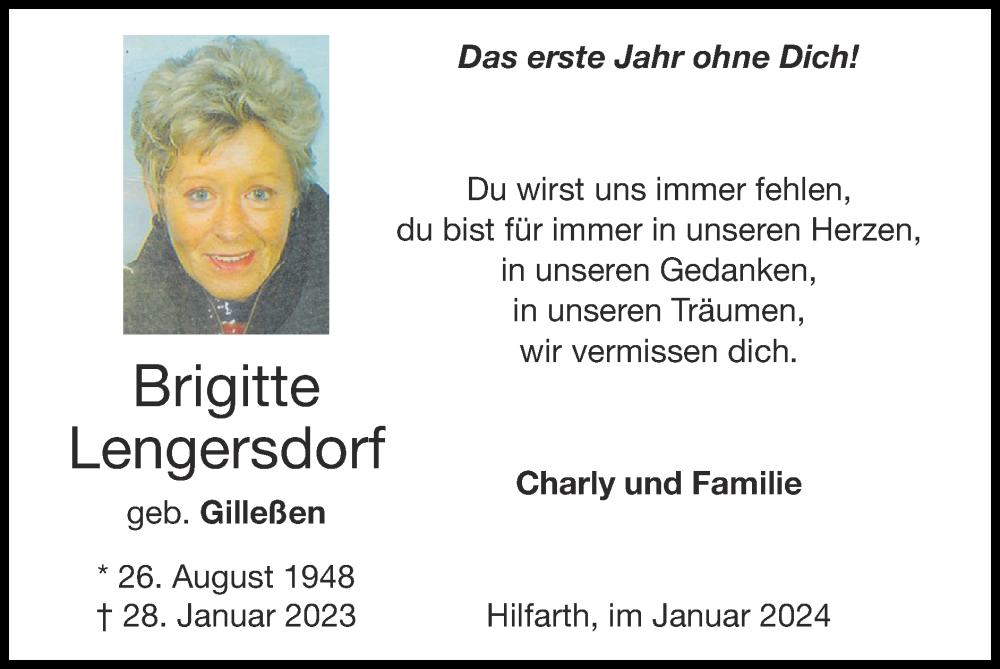  Traueranzeige für Brigitte Lengersdorf vom 28.01.2024 aus Zeitung am Sonntag