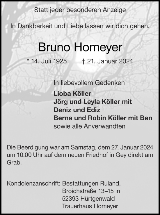 Traueranzeige von Bruno Homeyer von Zeitung am Sonntag