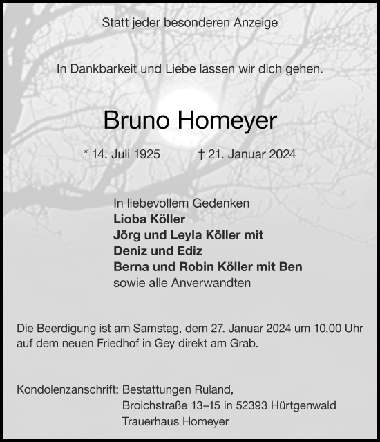Traueranzeige von Bruno Homeyer von Aachener Zeitung