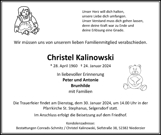 Traueranzeige von Christel Kalinowski von Zeitung am Sonntag