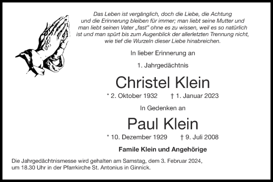 Traueranzeige von Christel Klein von Zeitung am Sonntag