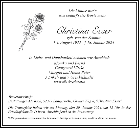 Traueranzeige von Christina Esser von Zeitung am Sonntag