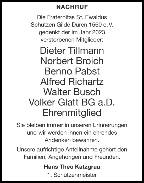 Traueranzeige von Die Fraternitas St. Ewaldus Schützen Gilde Düren 1560 e. V. gedenkt der im Jahr 2023 verstorbenen Mitglieder  von Zeitung am Sonntag