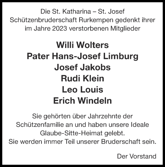 Traueranzeige von Die St. Katharina – St. Josef Schützenbruderschaft Rurkempen gedenkt ihrer im Jahre 2023 verstorbenen Mitglieder  von Zeitung am Sonntag